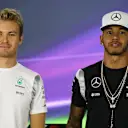 Lewis Hamilton (GBR) Mercedes AMG F1 and Nico Rosberg (GER) Mercedes AMG F1 in the Press Conference at Formula One World Championship, Rd21, Abu Dhabi Grand Prix, Preparations, Yas Marina Circuit, Abu Dhabi, UAE, Thursday 24 November 2016. © Sutton Images