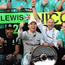 Lewis Hamilton (GBR) Mercedes AMG F1 and Nico Rosberg (GER) Mercedes AMG F1 celebrate with the trophies during team celbrations at Formula One World Championship, Rd1, Australian Grand Prix, Race, Albert Park, Melbourne, Australia, Sunday 20 March 2016. © Sutton Motorsport Images