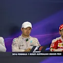 Lewis Hamilton (GBR) Mercedes AMG F1, Nico Rosberg (GER) Mercedes AMG F1 and Sebastian Vettel (GER) Scuderia Ferrari in the press conference at Formula One World Championship, Rd1, Australian Grand Prix, Race, Albert Park, Melbourne, Australia, Sunday 20 March 2016. © Sutton Motorsport Images