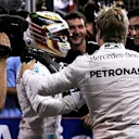 Race winner Nico Rosberg (GER) Mercedes AMG F1 celebrates with Lewis Hamilton (GBR) Mercedes AMG F1 in parc ferme at Formula One World Championship, Rd2, Bahrain Grand Prix Race, Bahrain International Circuit, Sakhir, Bahrain, Sunday 3 April 2016. © Sutton Motorsport Images