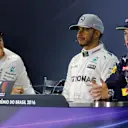 Nico Rosberg (GER) Mercedes AMG F1, Lewis Hamilton (GBR) Mercedes AMG F1 and Max Verstappen (NED) Red Bull Racing in the Press Conference at Formula One World Championship, Rd20, Brazilian Grand Prix, Race, Interlagos, Sao Paulo, Brazil, Sunday 13 November 2016. © Sutton Images