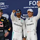 (L to R): Max Verstappen (NED) Red Bull Racing, pole sitter Lewis Hamilton (GBR) Mercedes AMG F1 and Nico Rosberg (GER) Mercedes AMG F1 celebrate in parc ferme at Formula One World Championship, Rd10, British Grand Prix, Qualifying, Silverstone, England, Saturday 9 July 2016. © Sutton Images