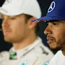 Nico Rosberg (GER) Mercedes AMG F1 and Lewis Hamilton (GBR) Mercedes AMG F1 in the Press Conference at Formula One World Championship, Rd10, British Grand Prix, Race, Silverstone, England, Sunday 10 July 2016. © Sutton Images