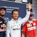 Daniel Ricciardo (AUS) Red Bull Racing, pole sitter Nico Rosberg (GER) Mercedes AMG F1 and Kimi Raikkonen (FIN) Ferrari celebrate in parc ferme at Formula One World Championship, Rd3, Chinese Grand Prix, Qualifying, Shanghai, China, Saturday 16 April 2016. © Sutton Motorsport Images