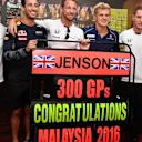 Jenson Button (GBR) McLaren celebrates his 300th Grand Prix with Fernando Alonso (ESP) McLaren, Daniel Ricciardo (AUS) Red Bull Racing, Marcus Ericsson (SWE) Sauber and Stoffel Vandoorne (BEL) McLaren at Formula One World Championship, Rd16, Malaysian Grand Prix, Practice, Sepang, Malaysia, Friday 30 September 2016. © Sutton Images