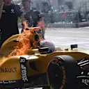 Kevin Magnussen (DEN) Renault Sport F1 Team RS16 on fire in FP1 at Formula One World Championship, Rd16, Malaysian Grand Prix, Practice, Sepang, Malaysia, Friday 30 September 2016. © Sutton Images