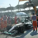 The car of Lewis Hamilton (GBR) Mercedes-Benz F1 W07 Hybrid is recovered at Formula One World Championship, Rd16, Malaysian Grand Prix, Race, Sepang, Malaysia, Sunday 2 October 2016. © Sutton Images