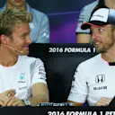 Nico Rosberg (GER) Mercedes AMG F1 and Jenson Button (GBR) McLaren in the Press Conference at Formula One World Championship, Rd16, Malaysian Grand Prix, Preparations, Sepang, Malaysia, Thursday 29 September 2016. © Sutton Images