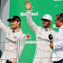 Nico Rosberg (GER) Mercedes AMG F1, race winner Lewis Hamilton (GBR) Mercedes AMG F1 and Juan Pablo Montoya (COL) celebrate on the podium at Formula One World Championship, Rd19, Mexican Grand Prix, Race, Circuit Hermanos Rodriguez, Mexico City, Mexico, Sunday 30 October 2016. © Sutton Images