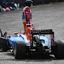 The crashed car of race retiree Pascal Wehrlein (GER) Manor Racing MRT05 at Formula One World Championship, Rd19, Mexican Grand Prix, Race, Circuit Hermanos Rodriguez, Mexico City, Mexico, Sunday 30 October 2016. © Sutton Images
