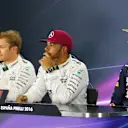 (L to R): Nico Rosberg (GER) Mercedes AMG F1, Lewis Hamilton (GBR) Mercedes AMG F1 and Daniel Ricciardo (AUS) Red Bull Racing in the Press Conference at Formula One World Championship, Rd5, Spanish Grand Prix, Qualifying, Barcelona, Spain, Saturday 14 May 2016. © Sutton Images