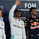 (L to R): Nico Rosberg (GER) Mercedes AMG F1, pole sitter Lewis Hamilton (GBR) Mercedes AMG F1 and Daniel Ricciardo (AUS) Red Bull Racing celebrate in parc ferme at Formula One World Championship, Rd5, Spanish Grand Prix, Qualifying, Barcelona, Spain, Saturday 14 May 2016. © Sutton Motorsport Images