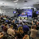 Sebastian Vettel (GER) Ferrari, Lewis Hamilton (GBR) Mercedes AMG F1 and Daniel Ricciardo (AUS) Red Bull Racing in the Press Conference at Formula One World Championship, Rd20, Abu Dhabi Grand Prix, Preparations, Yas Marina Circuit, Abu Dhabi, UAE, Thursday 23 November 2017. © Manuel Goria/Sutton Images