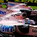 Sergio Perez (MEX) Force India VJM10 and Esteban Ocon (FRA) Force India VJM10 battle at Formula One World Championship, Rd12, Belgian Grand Prix, Race, Spa Francorchamps, Belgium, Sunday 27 August 2017. © Sutton Images