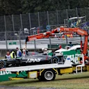 The crashed car of Romain Grosjean (FRA) Haas VF-17 is recovered in Q1 at Formula One World Championship, Rd13, Italian Grand Prix, Qualifying, Monza, Italy, Saturday 2 September 2017. © Sutton Images