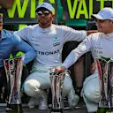 Race winner Lewis Hamilton (GBR) Mercedes AMG F1 and Valtteri Bottas (FIN) Mercedes AMG F1 celebrate with the team and the trophies at Formula One World Championship, Rd13, Italian Grand Prix, Race, Monza, Italy, Sunday 3 September 2017. © Sutton Images