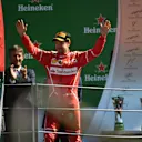 Sebastian Vettel (GER) Ferrari celebrates on the podium at Formula One World Championship, Rd13, Italian Grand Prix, Race, Monza, Italy, Sunday 3 September 2017. © Sutton Images