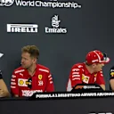 (L to R): Esteban Ocon, Racing Point Force India, Sebastian Vettel, Ferrari, Kimi Raikkonen, Ferrari and Max Verstappen, Red Bull Racing in the press conference at Formula One World Championship, Rd21, Abu Dhabi Grand Prix, Preparations, Yas Marina Circuit, Abu Dhabi, UAE, Thursday 22 November 2018.