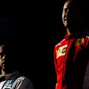 Lewis Hamilton (GBR) Mercedes-AMG F1 and Sebastian Vettel (GER) Ferrari on the podium at Formula One World Championship, Rd1, Australian Grand Prix, Race, Melbourne, Australia, Sunday 25 March 2018. © Daniel Kalisz/Sutton Images