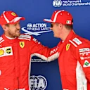 Sebastian Vettel (GER) Ferrari and Kimi Raikkonen (FIN) Ferrari celebrate in parc ferme at Formula One World Championship, Rd10, British Grand Prix, Qualifying, Silverstone, England, Saturday 7 July 2018. © Mark Sutton/Sutton Images