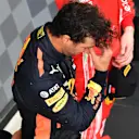 Daniel Ricciardo (AUS) Red Bull Racing and Kimi Raikkonen (FIN) Ferrari on the podium at Formula One World Championship, Rd3, Chinese Grand Prix, Race, Shanghai, China, Sunday 15 April 2018. © Mark Sutton/Sutton Images