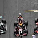 Daniel Ricciardo (AUS) Red Bull Racing RB14 celebrates in parc ferme alongside Sebastian Vettel (GER) Ferrari SF-71H and Lewis Hamilton (GBR) Mercedes-AMG F1 W09 EQ Power+ at Formula One World Championship, Rd6, Monaco Grand Prix, Race, Monte-Carlo, Monac