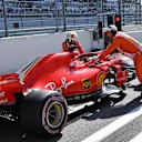Sebastian Vettel, Ferrari pushes his car back in the pit lane at the end of FP3 at Formula One World Championship, Rd16, Russian Grand Prix, Qualifying, Sochi Autodrom, Sochi, Krasnodar Krai, Russia, Saturday 29 September 2018.