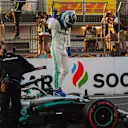 BAKU CITY CIRCUIT, AZERBAIJAN - APRIL 27: Pole man Valtteri Bottas, Mercedes AMG F1, celebrates on his car after Qualifying during the Azerbaijan GP at Baku City Circuit on April 27, 2019 in Baku City Circuit, Azerbaijan. (Photo by Jerry Andre / Sutton Images)