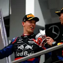 HOCKENHEIMRING, GERMANY - JULY 28: Daniil Kvyat, Toro Rosso, 3rd position, on the podium with Max Verstappen, Red Bull Racing, 1st position during the German GP at Hockenheimring on July 28, 2019 in Hockenheimring, Germany. (Photo by Andy Hone / LAT Images)