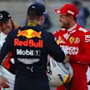 AUSTIN, TEXAS - NOVEMBER 02: Top three qualifiers Valtteri Bottas of Finland and Mercedes GP, Sebastian Vettel of Germany and Ferrari and Max Verstappen of Netherlands and Red Bull Racing celebrate in parc ferme during qualifying for the F1 Grand Prix of USA at Circuit of The Americas on November 02, 2019 in Austin, Texas. (Photo by Mark Thompson/Getty Images)