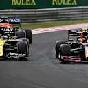 BUDAPEST, HUNGARY - JULY 19: Alexander Albon of Thailand driving the (23) Aston Martin Red Bull Racing RB16 leads Daniel Ricciardo of Australia driving the (3) Renault Sport Formula One Team RS20 during the Formula One Grand Prix of Hungary at Hungaroring on July 19, 2020 in Budapest, Hungary. (Photo by Joe Portlock - Formula 1/Formula 1 via Getty Images)