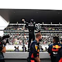 PORTIMAO, PORTUGAL - OCTOBER 25: Race winner Lewis Hamilton of Great Britain and Mercedes GP celebrates his record breaking 92nd race win in parc ferme during the F1 Grand Prix of Portugal at Autodromo Internacional do Algarve on October 25, 2020 in Portimao, Portugal. (Photo by Jorge Guerrero - Pool/Getty Images)