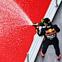 SOCHI, RUSSIA - SEPTEMBER 27: Second placed Max Verstappen of Netherlands and Red Bull Racing celebrates on the podium during the F1 Grand Prix of Russia at Sochi Autodrom on September 27, 2020 in Sochi, Russia. (Photo by Clive Mason - Formula 1/Formula 1 via Getty Images)