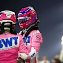 BAHRAIN, BAHRAIN - DECEMBER 06: Race winner Sergio Perez of Mexico and Racing Point and third placed Lance Stroll of Canada and Racing Point celebrate in parc ferme during the F1 Grand Prix of Sakhir at Bahrain International Circuit on December 06, 2020 in Bahrain, Bahrain. (Photo by Dan Istitene - Formula 1/Formula 1 via Getty Images)