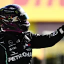 SCARPERIA, ITALY - SEPTEMBER 12: Pole position qualifier Lewis Hamilton of Great Britain and Mercedes GP celebrates in parc ferme during qualifying for the F1 Grand Prix of Tuscany at Mugello Circuit on September 12, 2020 in Scarperia, Italy. (Photo by Bryn Lennon/Getty Images)