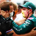 BUDAPEST, HUNGARY - AUGUST 01: Second placed Sebastian Vettel of Germany and Aston Martin F1 Team celebrates with his team in parc ferme during the F1 Grand Prix of Hungary at Hungaroring on August 01, 2021 in Budapest, Hungary. (Photo by Dan Istitene - Formula 1/Formula 1 via Getty Images)