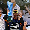 MONZA, ITALY - SEPTEMBER 12: Race winner Daniel Ricciardo of Australia and McLaren F1 celebrates with his team after the F1 Grand Prix of Italy at Autodromo di Monza on September 12, 2021 in Monza, Italy. (Photo by Clive Mason - Formula 1/Formula 1 via Getty Images)