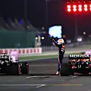 DOHA, QATAR - NOVEMBER 20: Second place qualifier Max Verstappen of Netherlands and Red Bull Racing celebrates in parc ferme during qualifying ahead of the F1 Grand Prix of Qatar at Losail International Circuit on November 20, 2021 in Doha, Qatar. (Photo by Mark Thompson/Getty Images)