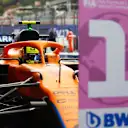 SOCHI, RUSSIA - SEPTEMBER 25: Pole position qualifier Lando Norris of Great Britain and McLaren F1 stops in parc ferme during qualifying ahead of the F1 Grand Prix of Russia at Sochi Autodrom on September 25, 2021 in Sochi, Russia. (Photo by Dan Istitene - Formula 1/Formula 1 via Getty Images)