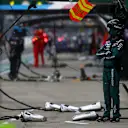 SOCHI, RUSSIA - SEPTEMBER 26: An Aston Martin F1 team member looks on in the Pitlane during the F1 Grand Prix of Russia at Sochi Autodrom on September 26, 2021 in Sochi, Russia. (Photo by Mark Thompson/Getty Images)