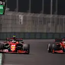 JEDDAH, SAUDI ARABIA - DECEMBER 05: Charles Leclerc of Monaco driving the (16) Scuderia Ferrari SF21 and Carlos Sainz of Spain driving the (55) Scuderia Ferrari SF21 during the F1 Grand Prix of Saudi Arabia at Jeddah Corniche Circuit on December 05, 2021 in Jeddah, Saudi Arabia. (Photo by Lars Baron/Getty Images)