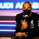 JEDDAH, SAUDI ARABIA - DECEMBER 05: Race winner Lewis Hamilton of Great Britain and Mercedes GP talks in the press conference after the F1 Grand Prix of Saudi Arabia at Jeddah Corniche Circuit on December 05, 2021 in Jeddah, Saudi Arabia. (Photo by Sam Bloxham - Pool/Getty Images)