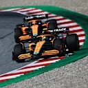 SPIELBERG, AUSTRIA - JULY 09: Lando Norris of Great Britain driving the (4) McLaren MCL36 Mercedes leads Daniel Ricciardo of Australia driving the (3) McLaren MCL36 Mercedes during the F1 Grand Prix of Austria Sprint at Red Bull Ring on July 09, 2022 in Spielberg, Austria. (Photo by Joe Portlock - Formula 1/Formula 1 via Getty Images)