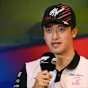 BAKU, AZERBAIJAN - JUNE 10: Zhou Guanyu of China and Alfa Romeo F1 talks in the Drivers Press Conference prior to practice ahead of the F1 Grand Prix of Azerbaijan at Baku City Circuit on June 10, 2022 in Baku, Azerbaijan. (Photo by Dan Mullan/Getty Images)