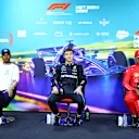 SAO PAULO, BRAZIL - NOVEMBER 13: Race winner George Russell of Great Britain and Mercedes, Second placed Lewis Hamilton of Great Britain and Mercedes and Third placed Carlos Sainz of Spain and Ferrari attend the press conference after the F1 Grand Prix of Brazil at Autodromo Jose Carlos Pace on November 13, 2022 in Sao Paulo, Brazil. (Photo by Dan Istitene/Getty Images)