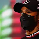 IMOLA, ITALY - APRIL 22: Lewis Hamilton of Great Britain and Mercedes talks in the Drivers Press Conference prior to practice ahead of the F1 Grand Prix of Emilia Romagna at Autodromo Enzo e Dino Ferrari on April 22, 2022 in Imola, Italy. (Photo by Lars Baron/Getty Images)