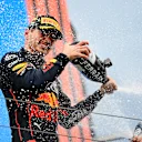 BUDAPEST, HUNGARY - JULY 31: Race winner Max Verstappen of the Netherlands and Oracle Red Bull Racing celebrates on the podium during the F1 Grand Prix of Hungary at Hungaroring on July 31, 2022 in Budapest, Hungary. (Photo by Dan Mullan/Getty Images)