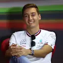 BUDAPEST, HUNGARY - JULY 28: George Russell of Great Britain and Mercedes looks on in the Drivers Press Conference during previews ahead of the F1 Grand Prix of Hungary at Hungaroring on July 28, 2022 in Budapest, Hungary. (Photo by Bryn Lennon/Getty Images)