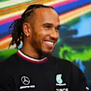 MONZA, ITALY - SEPTEMBER 08: Lewis Hamilton of Great Britain and Mercedes attends the Drivers Press Conference during previews ahead of the F1 Grand Prix of Italy at Autodromo Nazionale Monza on September 08, 2022 in Monza, Italy. (Photo by Dan Mullan/Getty Images)