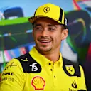 MONZA, ITALY - SEPTEMBER 08: Charles Leclerc of Monaco and Ferrari talks in the drivers press conferenc during previews ahead of the F1 Grand Prix of Italy at Autodromo Nazionale Monza on September 08, 2022 in Monza, Italy. (Photo by Dan Mullan/Getty Images)